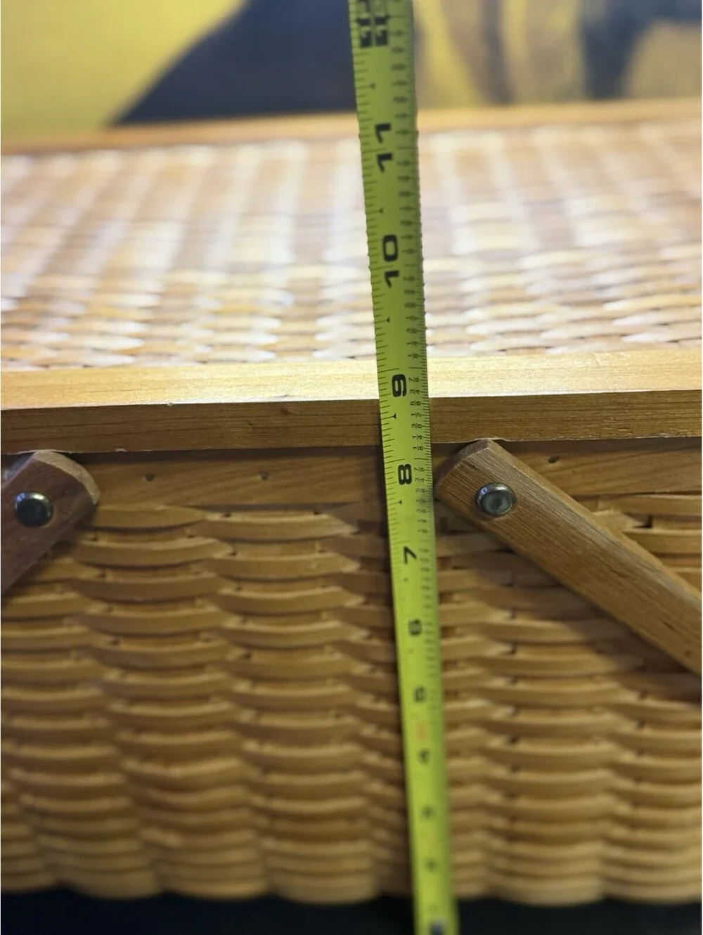 Vintage Woven Wood Picnic Basket Hinged Lid Dual Handles 15x11x9